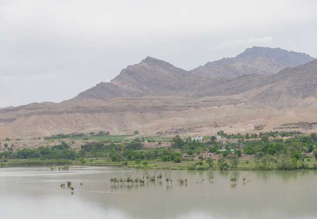Eine Flusslandschaft mit Bergen im Hintergrund und grünem Uferbereich unter bewölktem Himmel.
